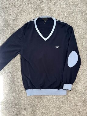 Emporio Armani Navy & Light Blue Cotton V-Neck Sweater Elbow Patches XL Turkey